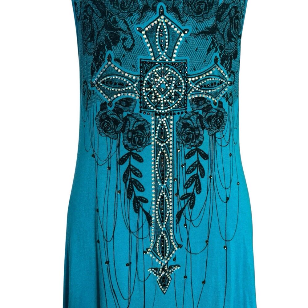 Vocal Teal Sleeveless Cross & Rose Studded High-Low dress - Picture 4 of 9